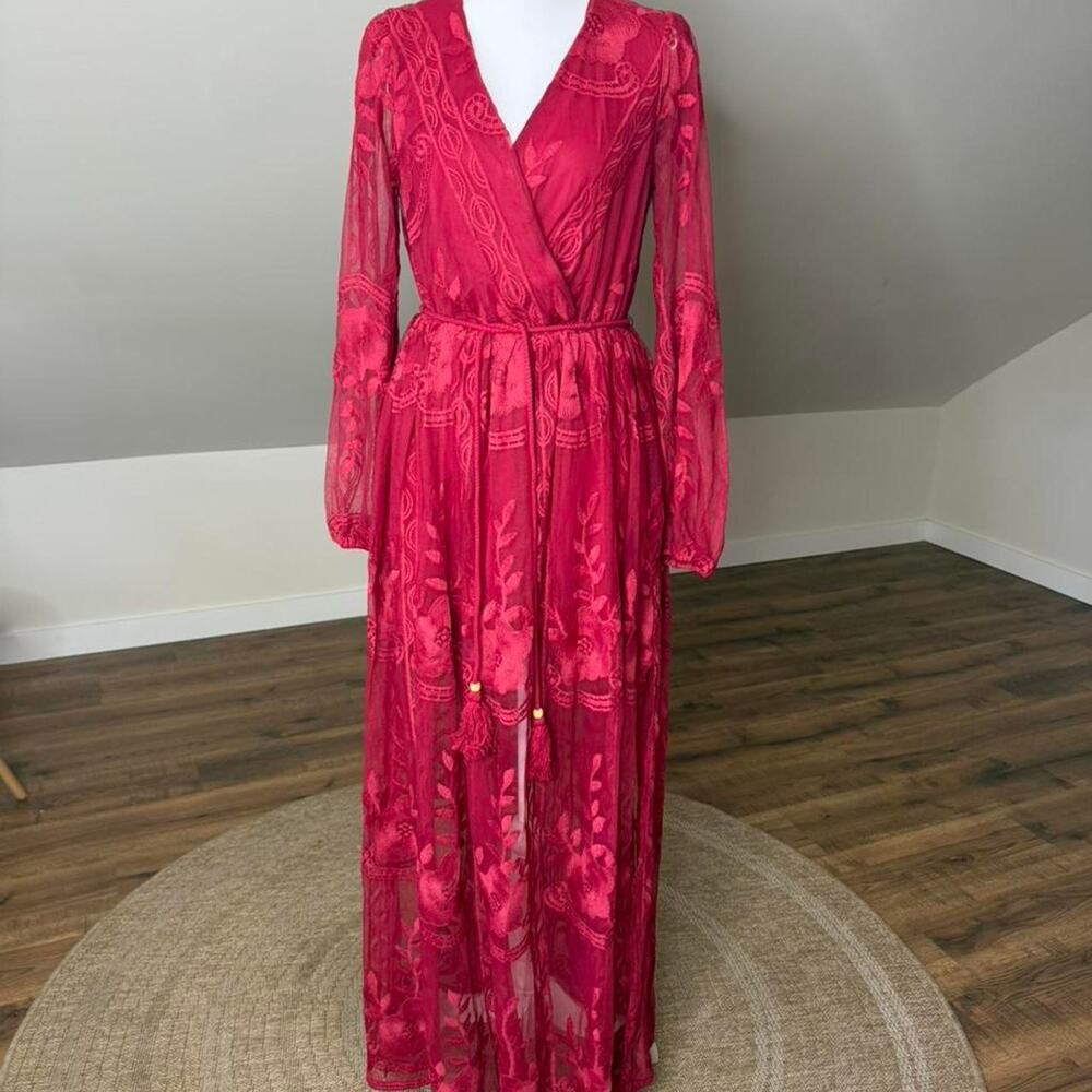Lace Maxi Dress Red Boho Witchy Practical Magic Sheer Floral Dress Day Bella NWT